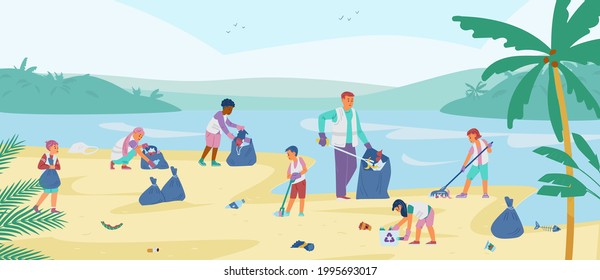 Children Volunteers Collecting Trash On The Beach. Man with Kids Cleaning Up The Coast. Vector Illustration.