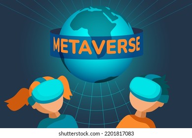 Children with VR glasses, boy and girl in virtual reality headset look on meta universe globe, metaverse script, cyber network web block chain concept. Vector illustration.