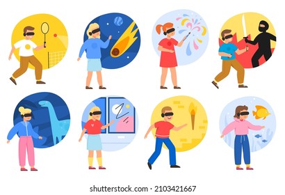 Children vr glasses. Gaming entertainment industry, kids in different virtual worlds, digital sports, adventure and creativity, little gamers play computer games, vector cartoon set