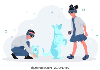 Los niños con gafas VR juegan con perros virtuales. El futuro de las mascotas. Ilustración vectorial plana