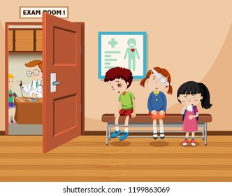 Niños esperan delante de la ilustración de la sala de exámenes