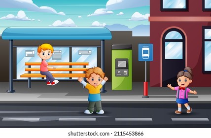 Children wait transportation at the station