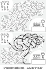 Children waiting in cafeteria line maze for kids with a solution in black and white