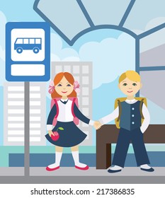 Children waiting for school bus. Back to school (vector illustration, flat concept)