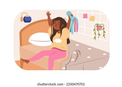 Children wake up morning concept with people scene in flat design. Teenager girl in pajamas woke up and stretches sitting on bed in kid bedroom. Vector illustration with character situation for web