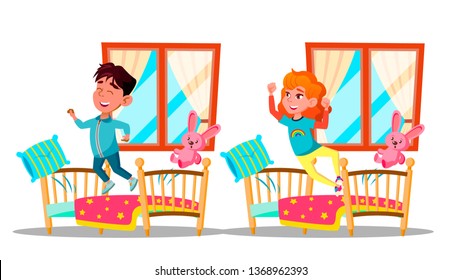 Children Waking Up Vector Cartoon Characters Set. Cheerful Kids Waking Up In Early Morning Isolated Cliparts Pack. Happy Boy And Girl Jumping On Beds. Siblings Room. Awakening Flat Illustration