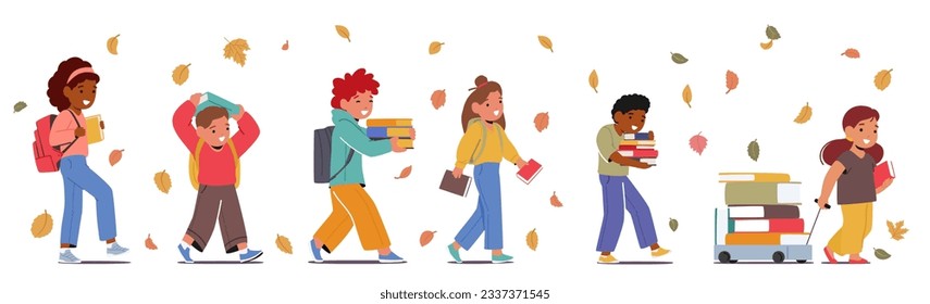 Children Walk With Books to School, Kid Characters Carry Their Cherished Books, Reflecting The Joy Of Learning. Little Boys and Girls Going under the Falling Leaves. Cartoon People Vector Illustration