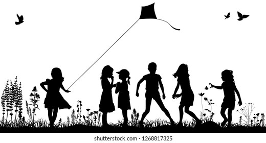 Children walk in the meadow, in nature. Silhouettes of kids, vector. Summer concept.