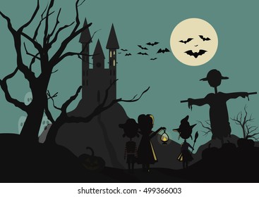 Children walk on Halloween night. Flat vector illustration