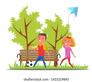 Children walk in park flat vector illustration. Boy playing with ball, girl holding kite. Little children on outdoor stroll