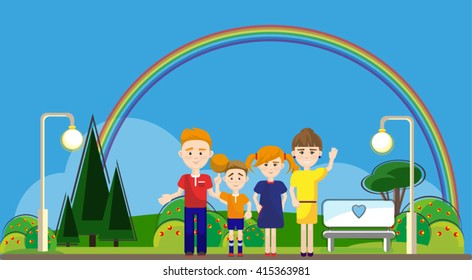 with children walk in the park happy family