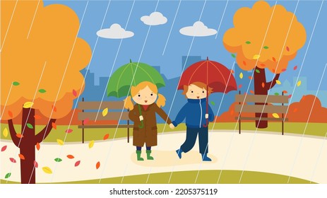 children walk in the park under an umbrella