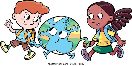 children walk with planet earth holding hands and supporting each other