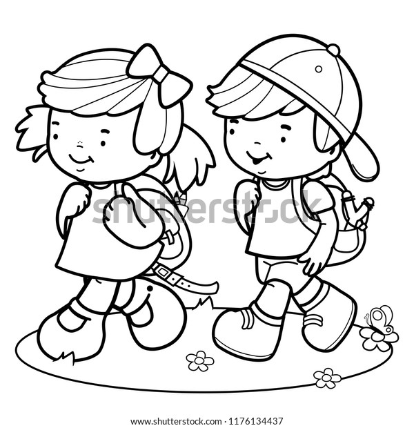 Children Walk School Black White Coloring Stock Vector (Royalty Free ...