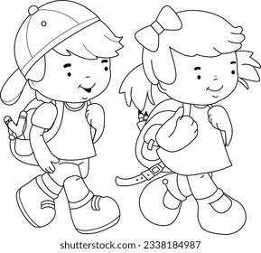 Children walk to school. Vector black and white coloring page.