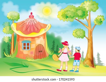 Children Walk Through The Fabulous Meadow (vector Illustration)