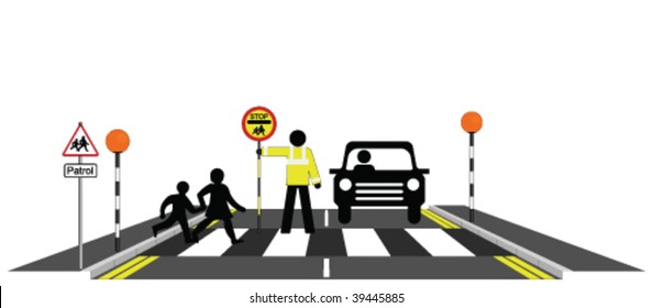 Children walking across a zebra crossing with school patrolman