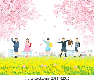 Children walking along a bank of blooming cherry blossoms and rape blossoms - Congratulations to the elementary school students who are entering elementary school - Vector illustration