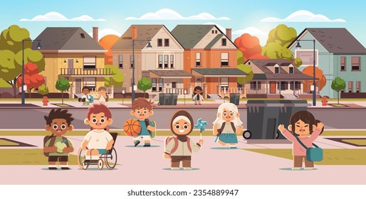 Children walking along the sidewalk to school against the backdrop of street buildings. Flat vector illustration