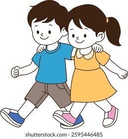 children walking with arms around their shoulders. minimal line art vector illustration.