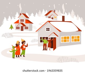 Children are walking around the village and singing Christmas songs. Village in the winter season. Festive winter design. Flat vector illustration.