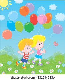 Children walking with colorful balloons in a park on a sunny summer day, vector illustration in a cartoon style
