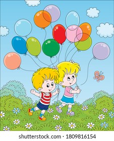 Children walking with colorful balloons in a park on a sunny summer day, vector cartoon illustration