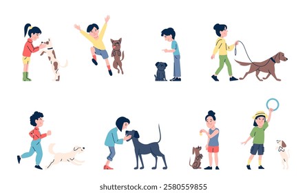 Children walking dogs. Kids play with puppies, training and hugging pets. Animal and kid friendship, happy time with dog recent vector scenes