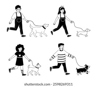 Children walking dogs in a park on a sunny day with friends and pets
