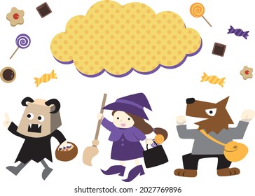 Children walking in Halloween costumes.
