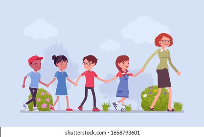 Children walking in line with a teacher. Kids going outdoor, safe elementary school or kindergarten road and street hiking for fun, education. Vector flat style cartoon illustration