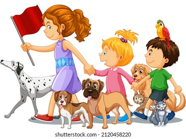 Children walking with many dogs illustration