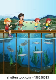 Children walking on the bridge illustration