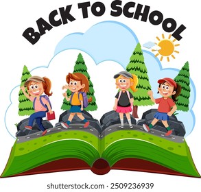 Children walking on an open book