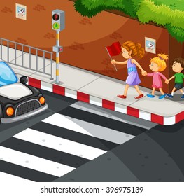 Children walking on the pavement illustration