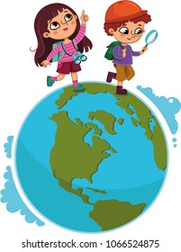 Children walking on planet. (Vector illustration)