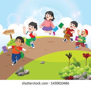the children are walking on the road go to school