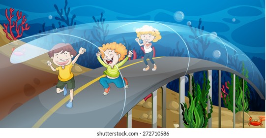 Children walking on the road underwater