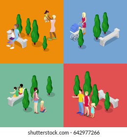 Children Walking with Parents. Happy Family concept. Isometric vector flat 3d illustration