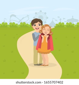 Niños caminando en el parque, niño poniendo su abrigo sobre hombros de niñas, amistad y amor entre niños, feliz ilustración del Vector del Día de San Valentín