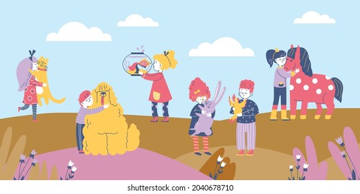 Children walking in park and hugging their pets, flat cartoon vector illustration. Banner with boys and girls cartoon characters embracing their pets animals.