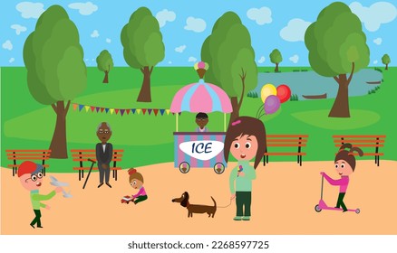 Children are walking in the park near the ice cream shop