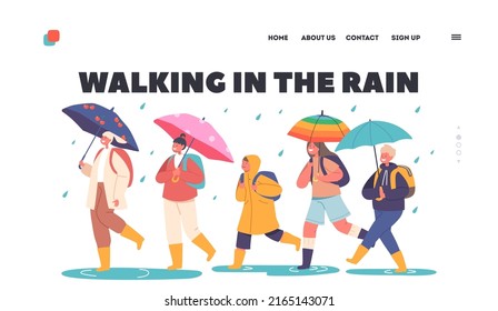 Children Walking in the Rain Landing Page Template. Happy Kids Walk under Umbrella, Little Boys and Girls Characters with Backpack Walk by Puddles at Rainy Weather. Cartoon People Vector Illustration