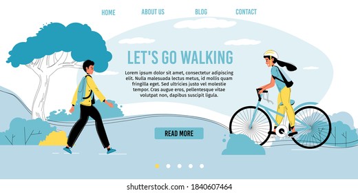 Children walking, riding bicycle in natural green city park. Active recreation outdoor, spending time on fresh air. Healthy lifestyle. Inspiration quote offer to walk. Motivation landing page design