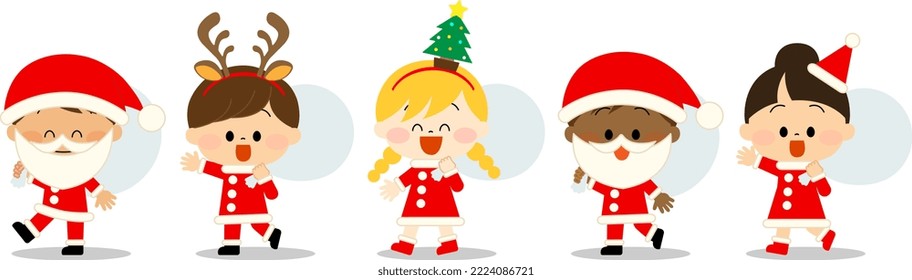 Children walking in Santa Claus costumes
