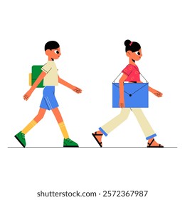Children Walking To School With Backpacks In Flat Vector Illustration Symbolizing Education, Routine, And Youth, Isolated On White Background