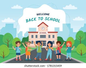 Children walking to school, cute colorful characters. Vector illustration in flat style