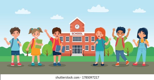 Children walking to school, cute colorful characters. Vector illustration in flat style