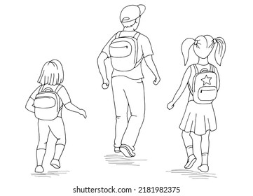 Children walking to the school graphic black white sketch illustration vector