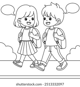 Children are walking to school outine coloring page 